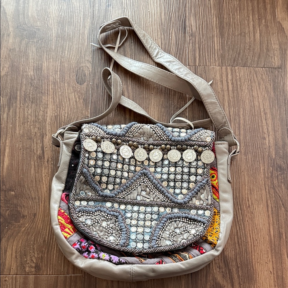 Free People Taupe Embellished Boho Crossbody with Multicolor Accents